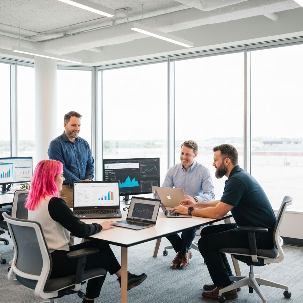Marketing team collaborating in modern office